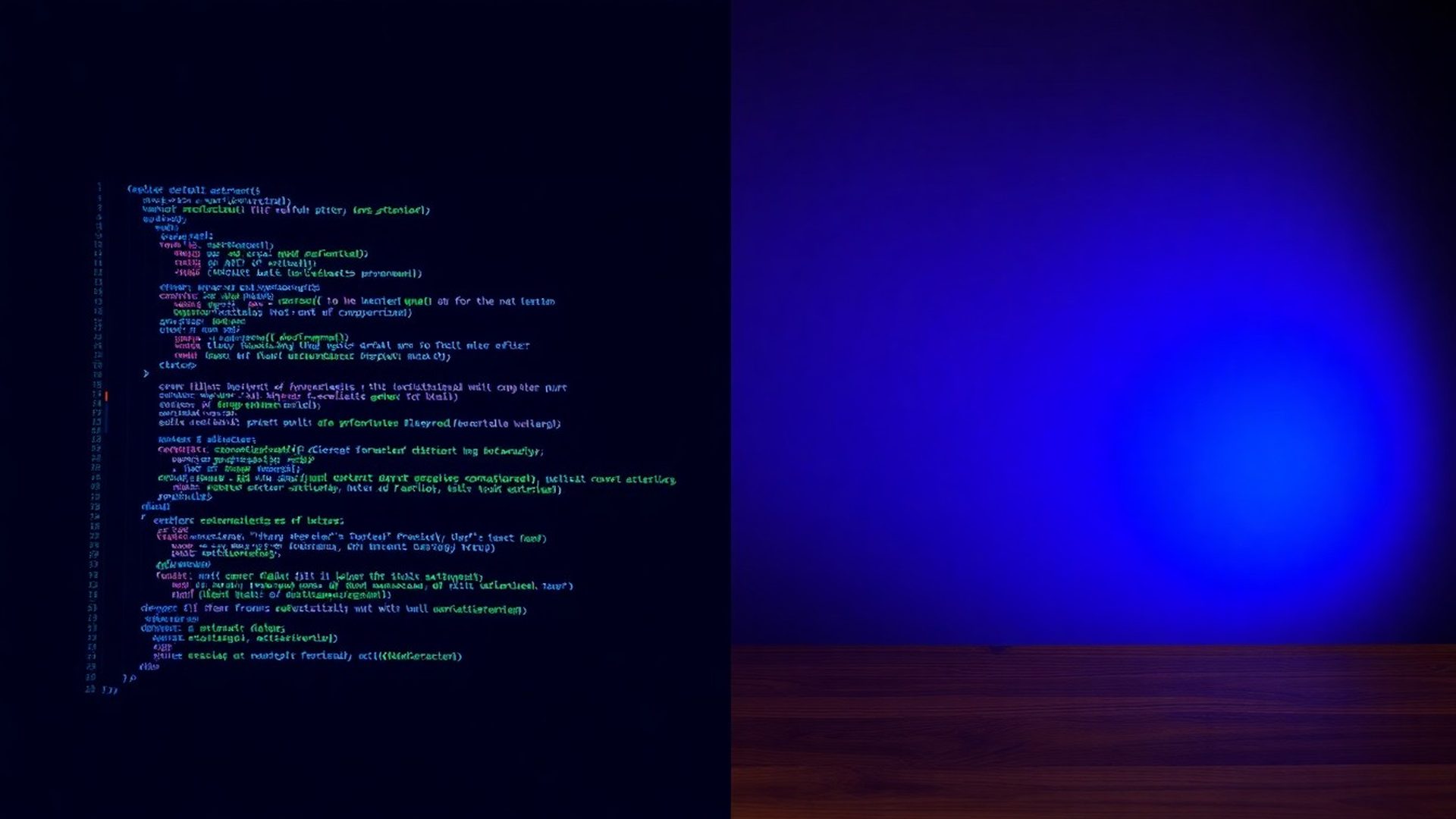 Split-screen view of a code editor streaming a live deploy on the left and an abstract indigo gradient on the right