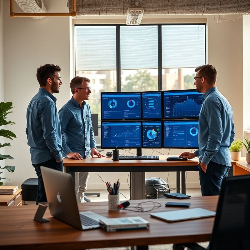 Small engineering team gathered around a standing desk with indigo dashboards in a Dallas office